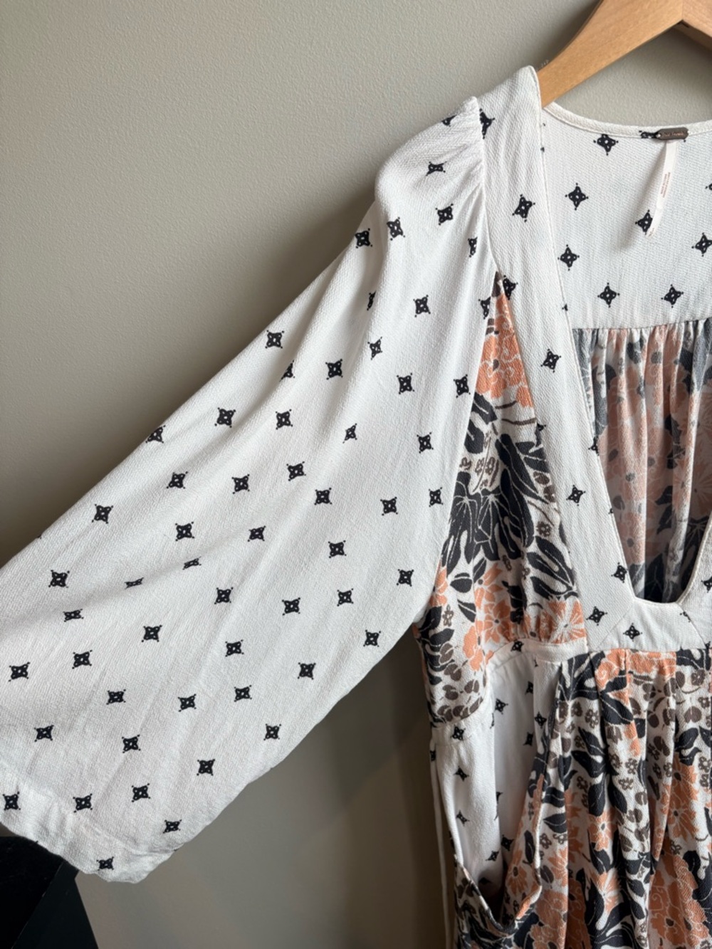Free People Boho Mixed Print Mini Dress | Floral + Geo | Long Sleeve Babydoll - Picture 3 of 4